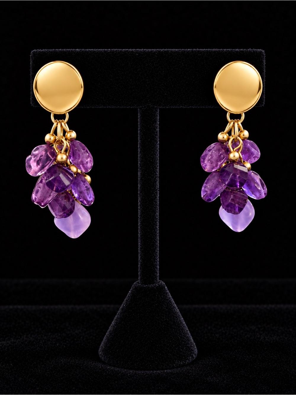 Fashion Jewelry Purple Amethyst Color Cluster Drop Earrings with Gold Discs